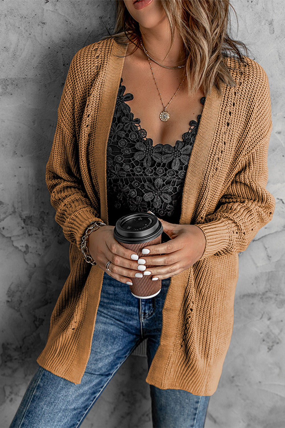 swvws Openwork Rib-Knit Slit Cardigan