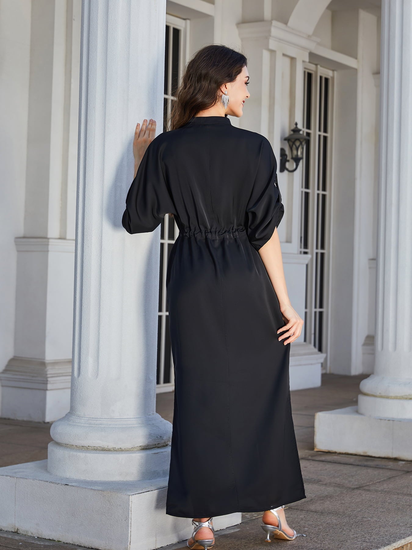 swvws High Slit Roll-tab Sleeve Notched Neck Maxi Dress