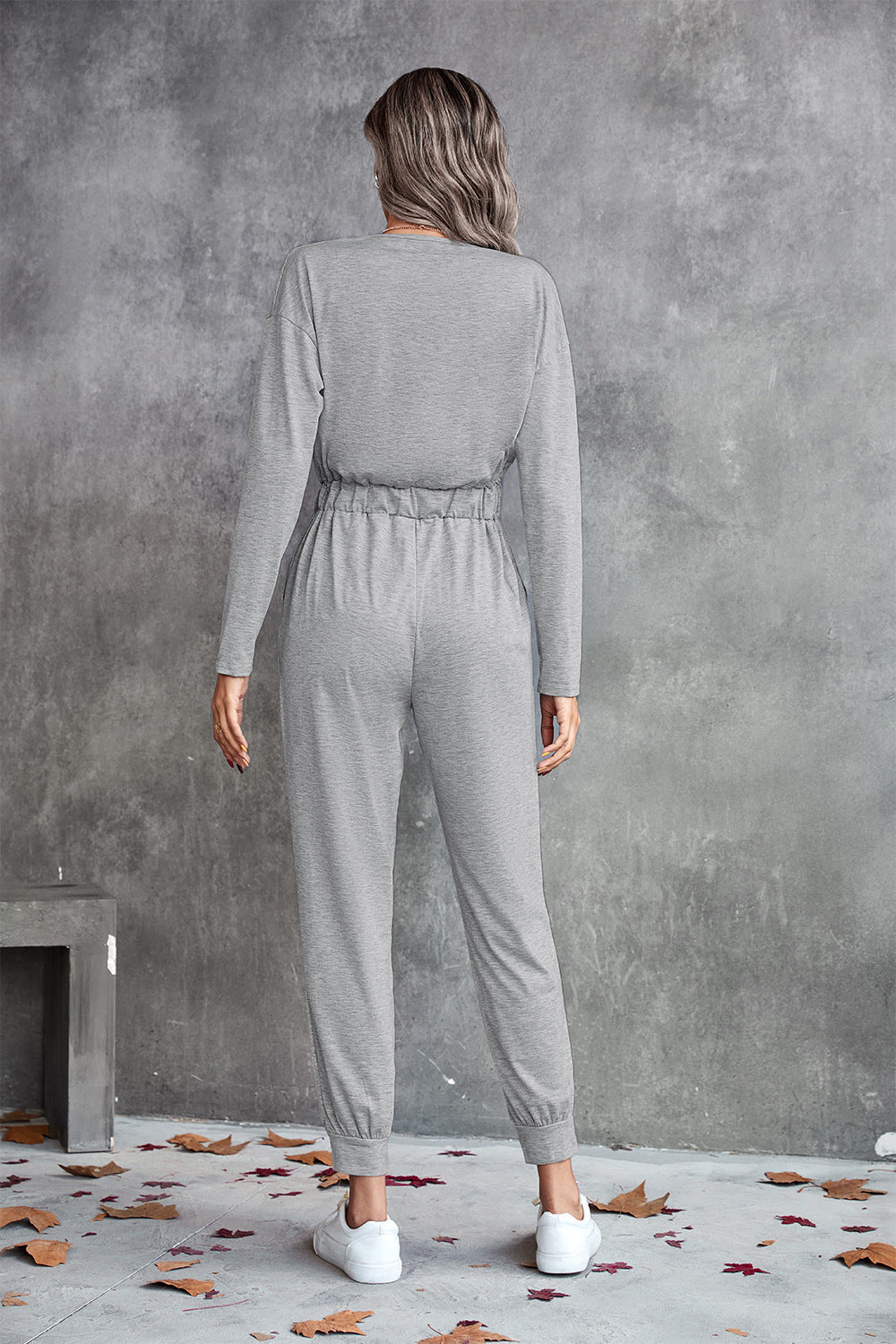 swvws Drawstring Waist Surplice Long Sleeve Jumpsuit