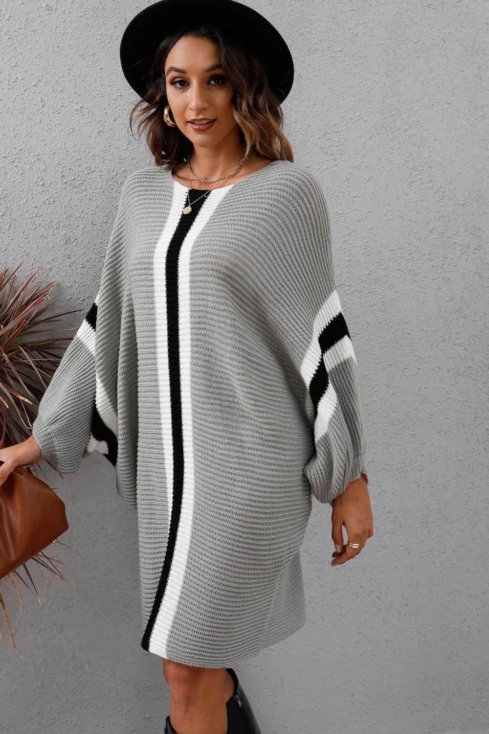 swvws Ribbed Round Neck Long Sleeve Sweater Dress