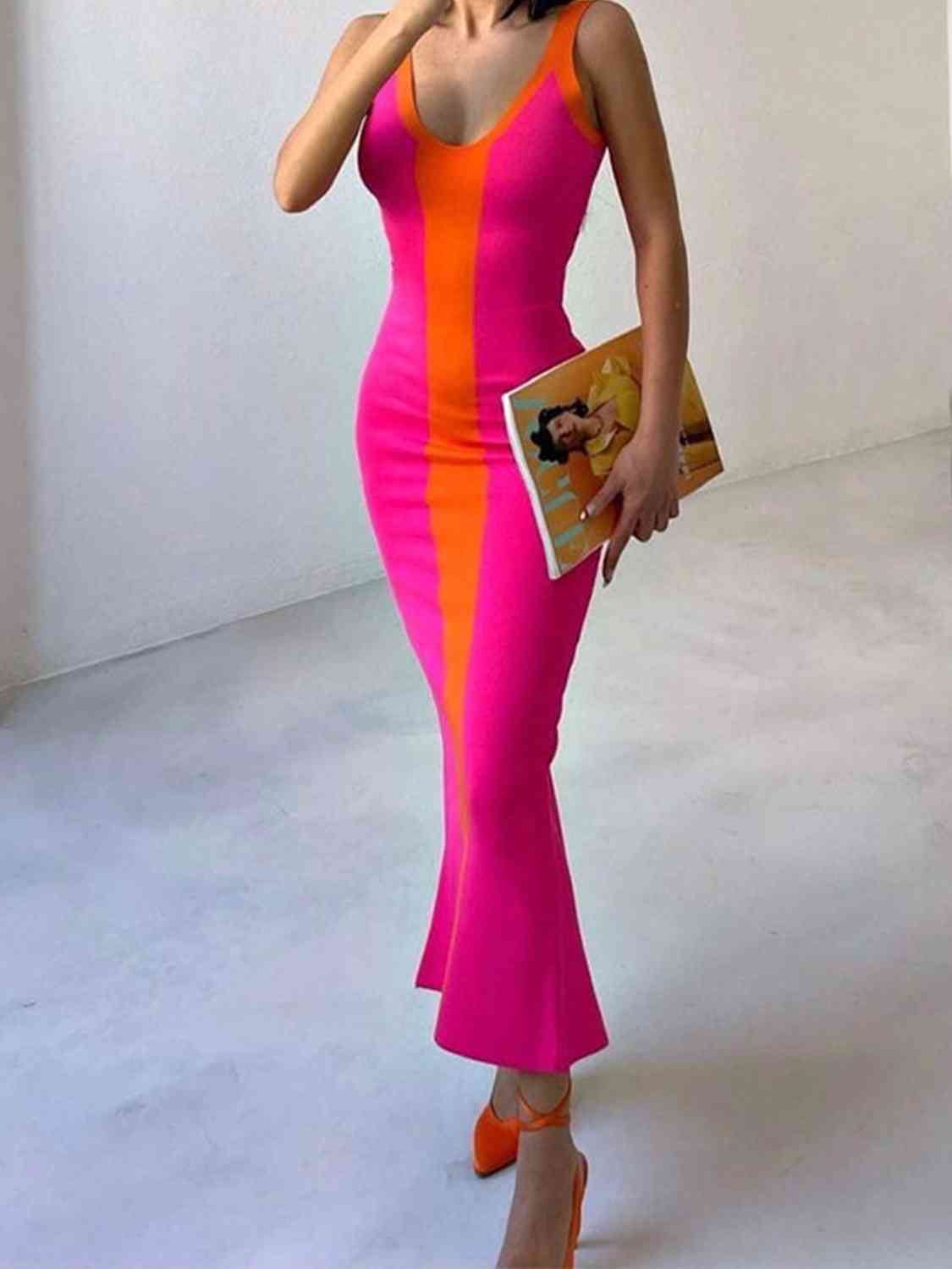 swvws Contrast Wide Strap Slit Midi Dress