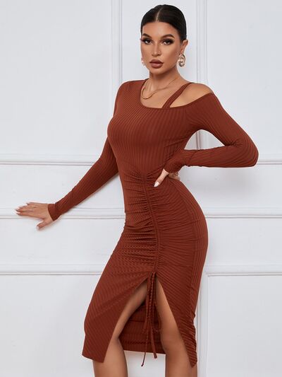 swvws Ribbed Ruched Drawstring Wrap Dress