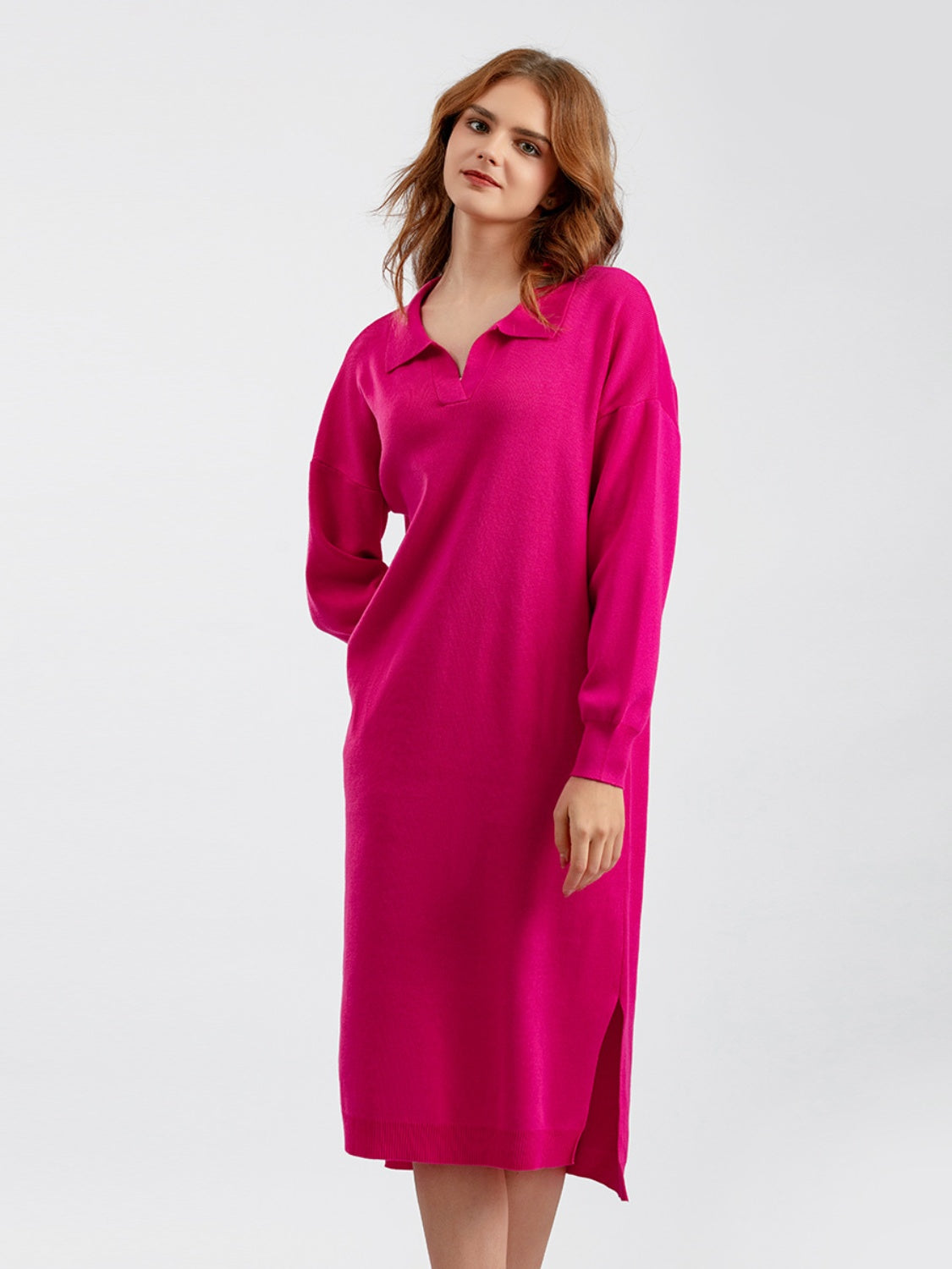 swvws Johnny Collar Long Sleeve Slit Sweater Dress