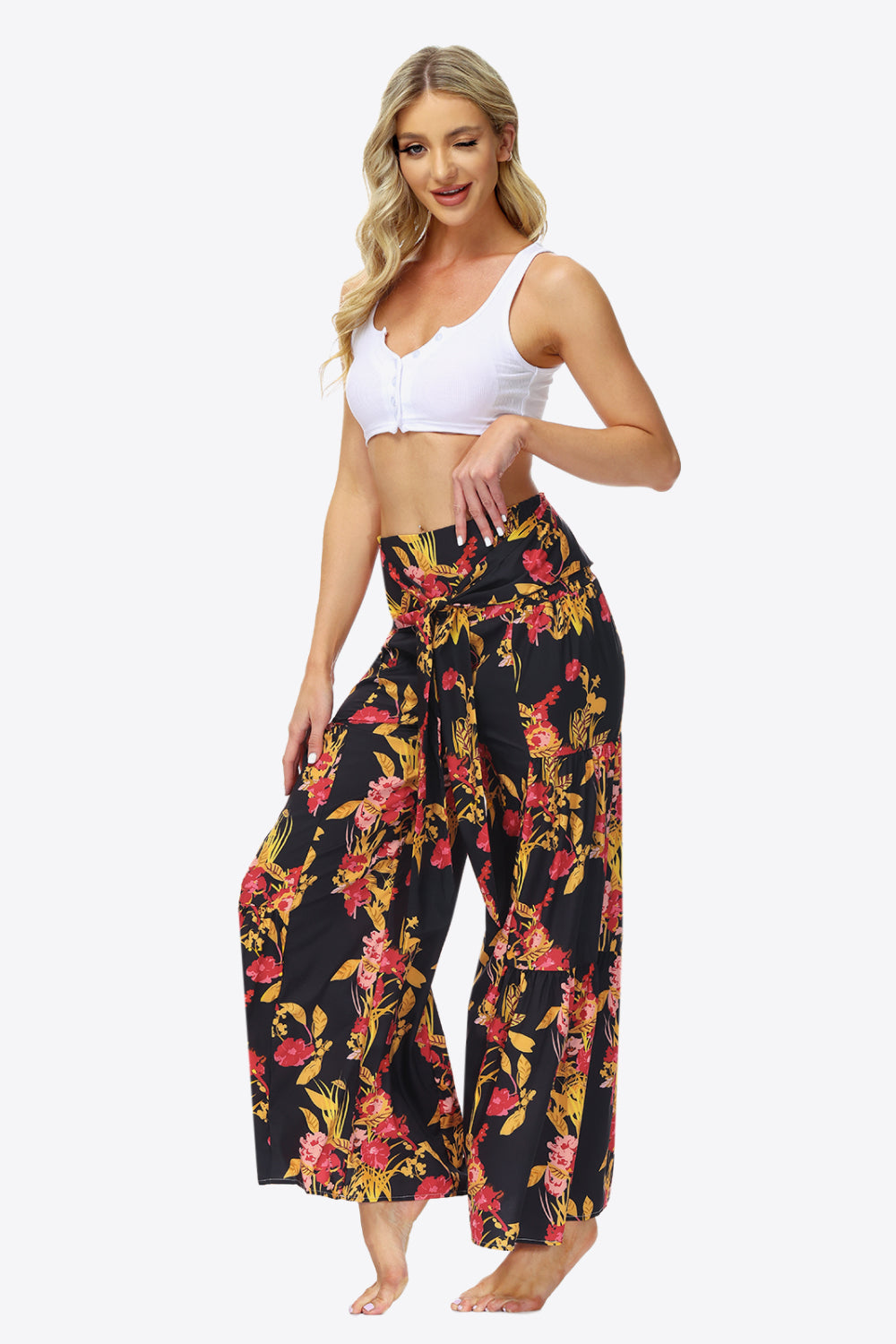 swvws Floral Tie-Waist Tiered Culottes