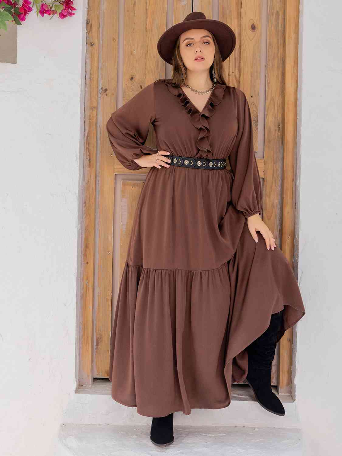 swvws Plus Size V-Neck Ruffle Trim Maxi Dress