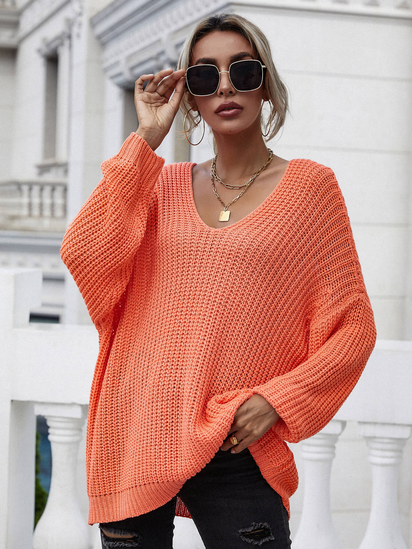 swvws Rib-Knit Drop Shoulder V-Neck Pullover Sweater