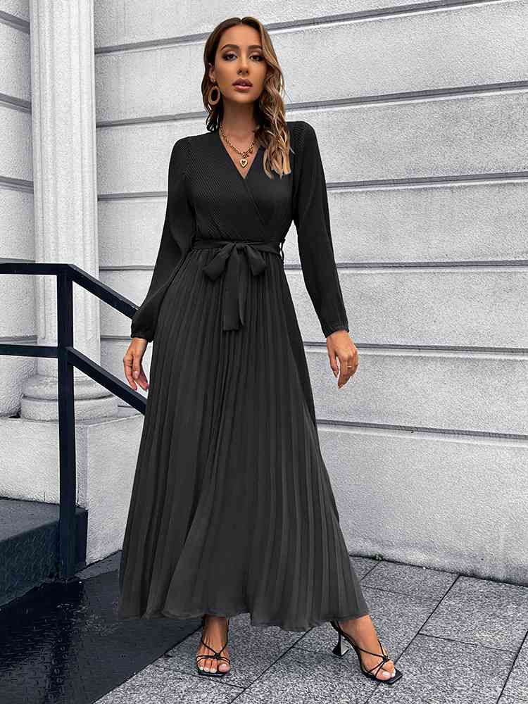 swvws V-Neck Tie Waist Pleated Maxi Dress