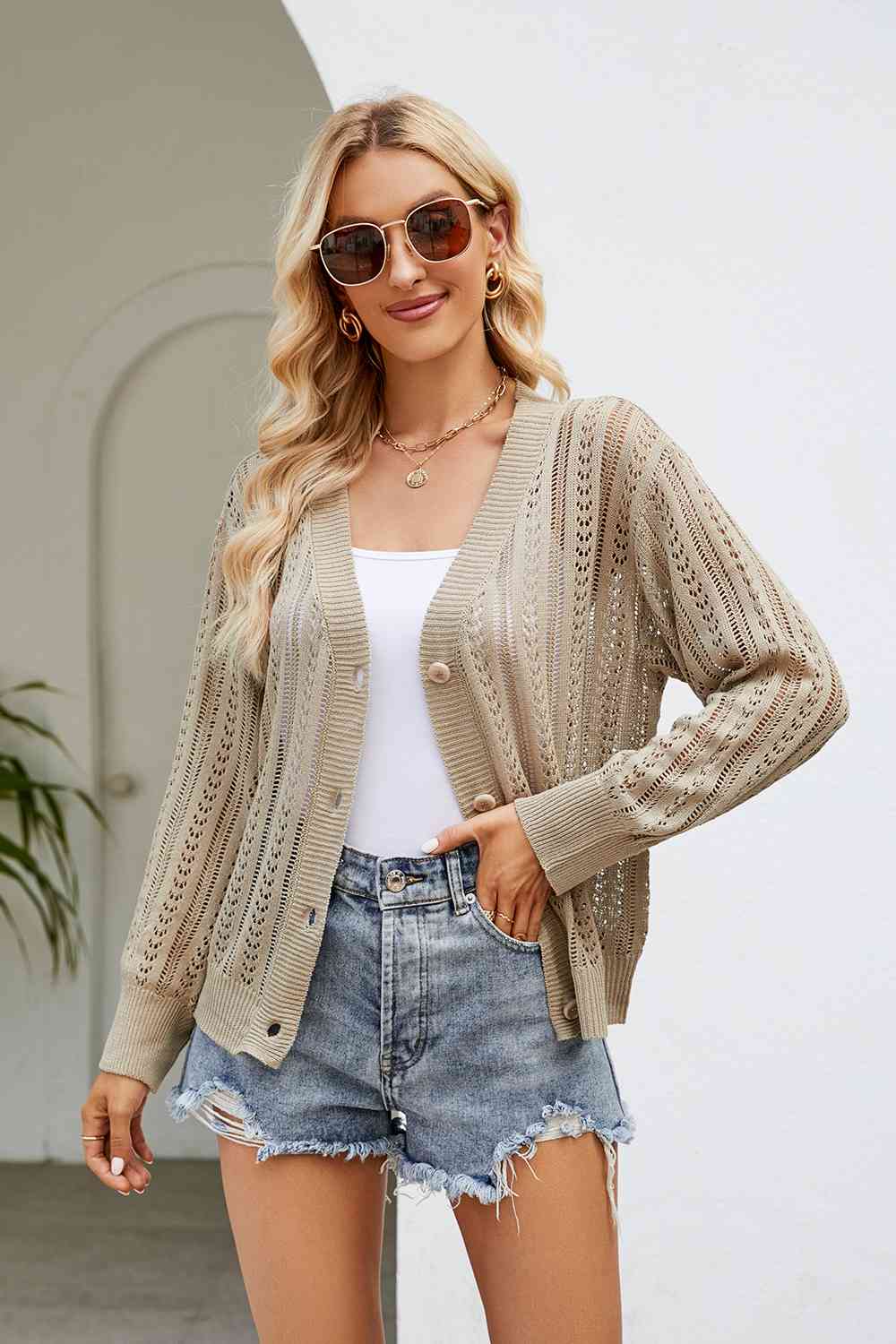 swvws Openwork Button Front V-Neck Cardigan