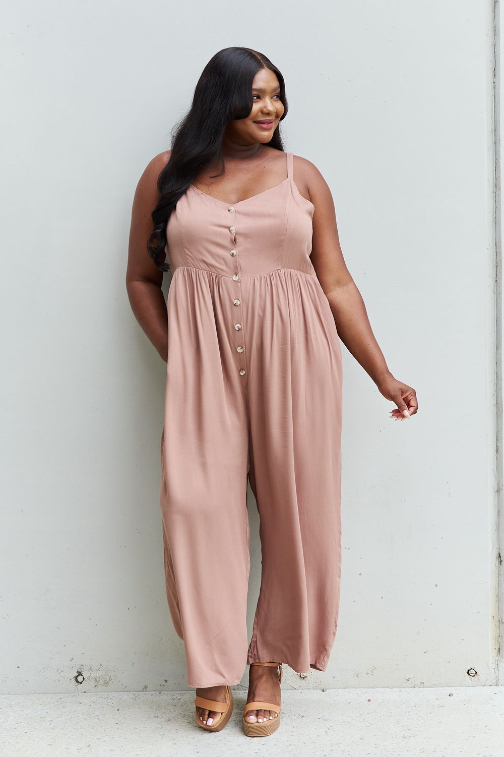 swvws HEYSON All Day Full Size Wide Leg Button Down Jumpsuit in Mocha