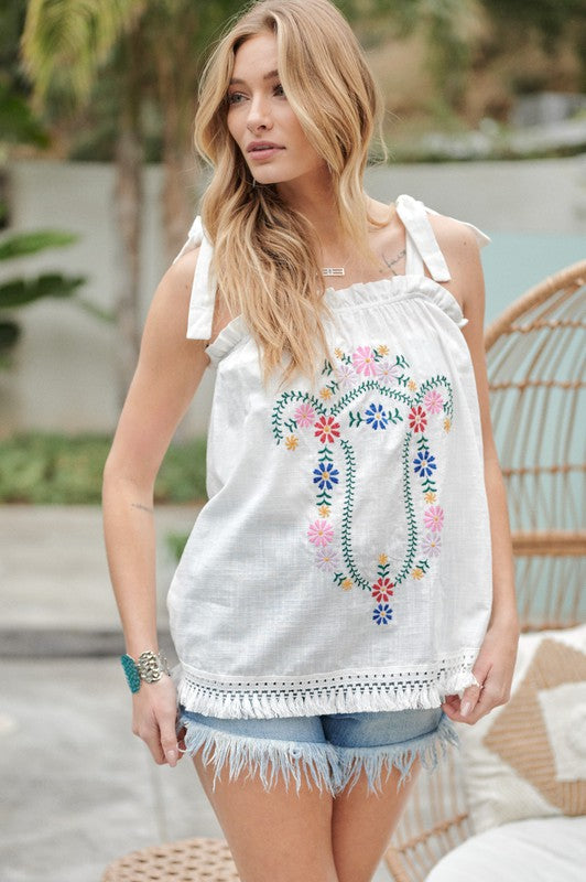 swvws Embroidered Sleeveless Ruffle Tank Top