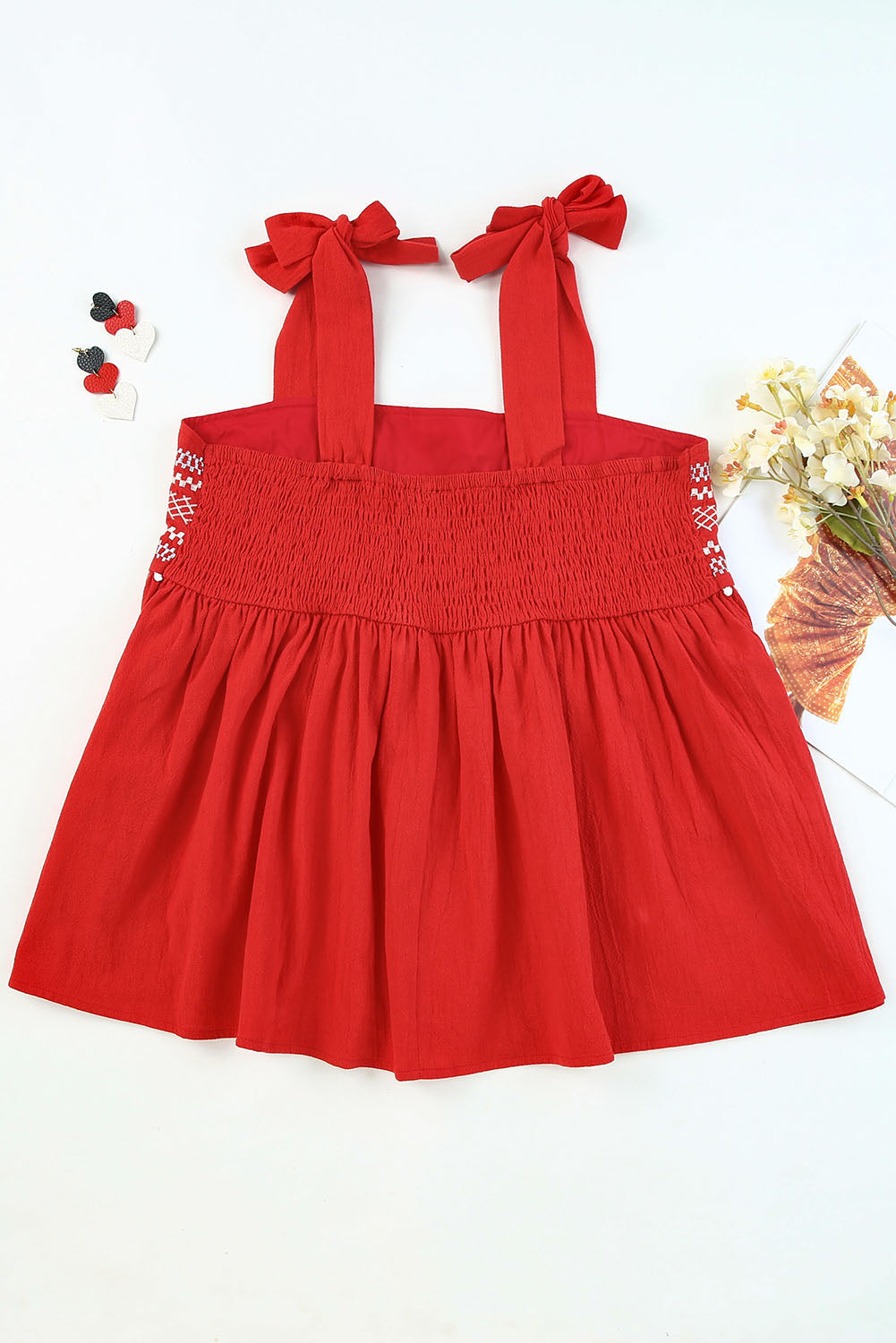 swvws Embroidered Tie-Shoulder Babydoll Tank