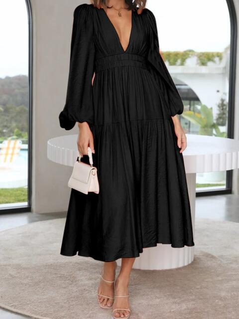 swvws Deep V-Neck Balloon Sleeve Plain Maxi Dress