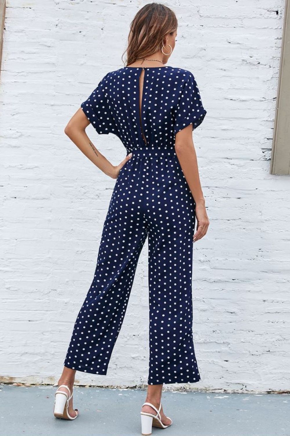 swvws Polka Dot Round Neck Cutout Jumpsuit