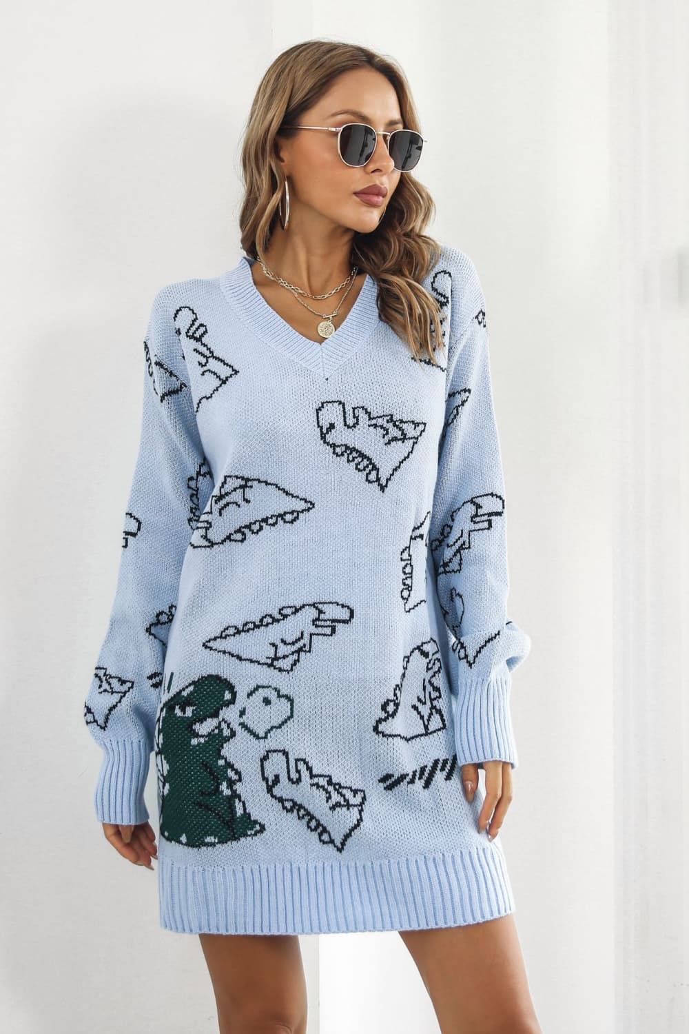 swvws Dinosaur Pattern V-Neck Sweater Dress