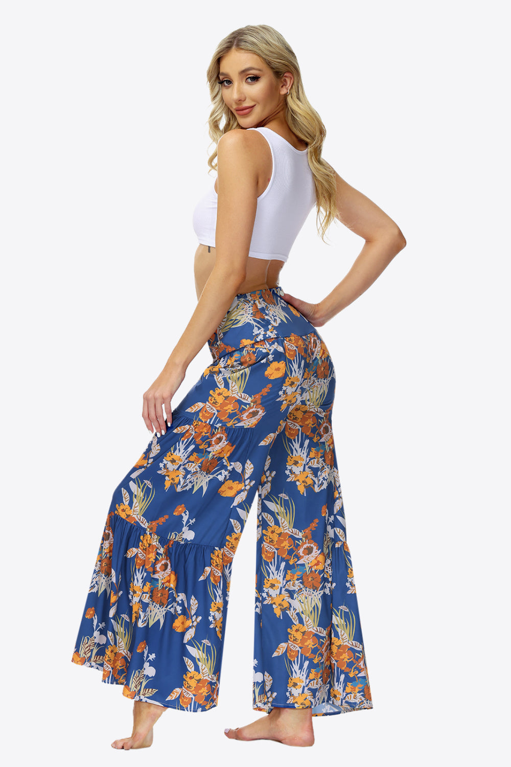 swvws Floral Tie-Waist Tiered Culottes