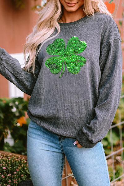 swvws Lucky Clover Sequin Round Neck Sweatshirt