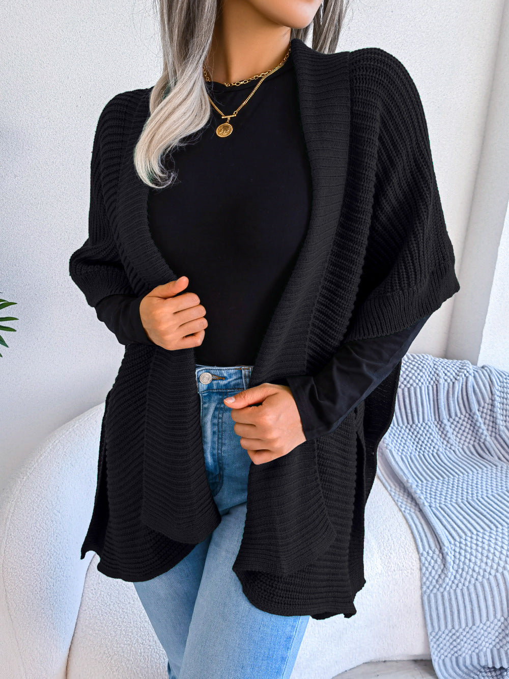 swvws Horizontal Ribbing Open Front Slit Cardigan