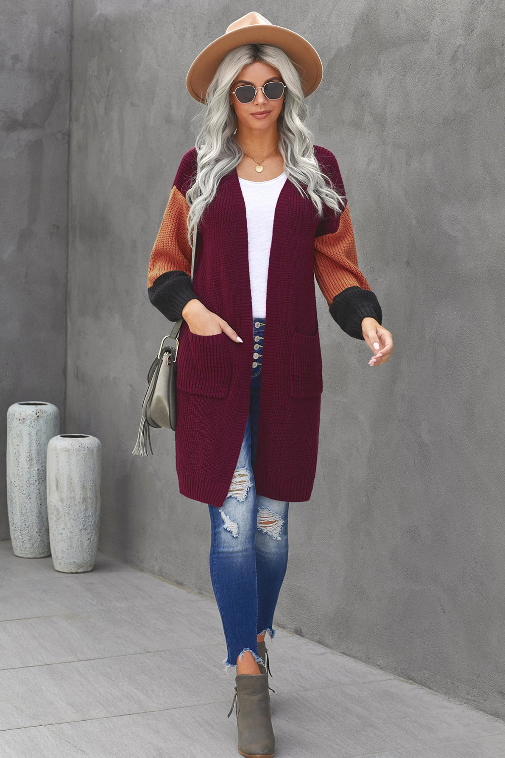 swvws Color Block Rib-Knit Longline Cardigan with Front Pockets