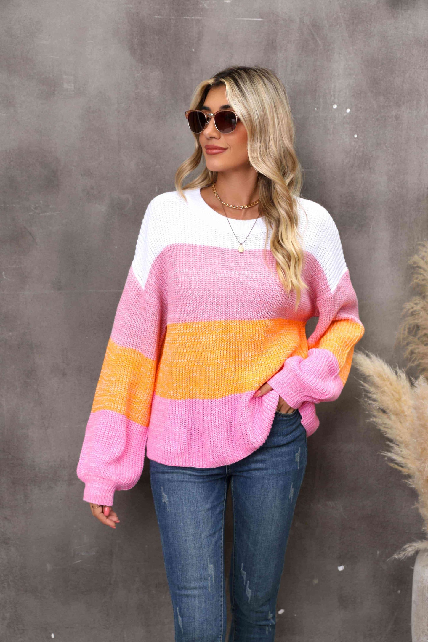 swvws Color Block Round Neck Dropped Shoulder Sweater