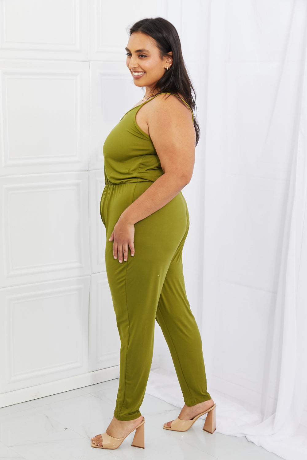 swvws Capella Comfy Casual Full Size Solid Elastic Waistband Jumpsuit in Chartreuse