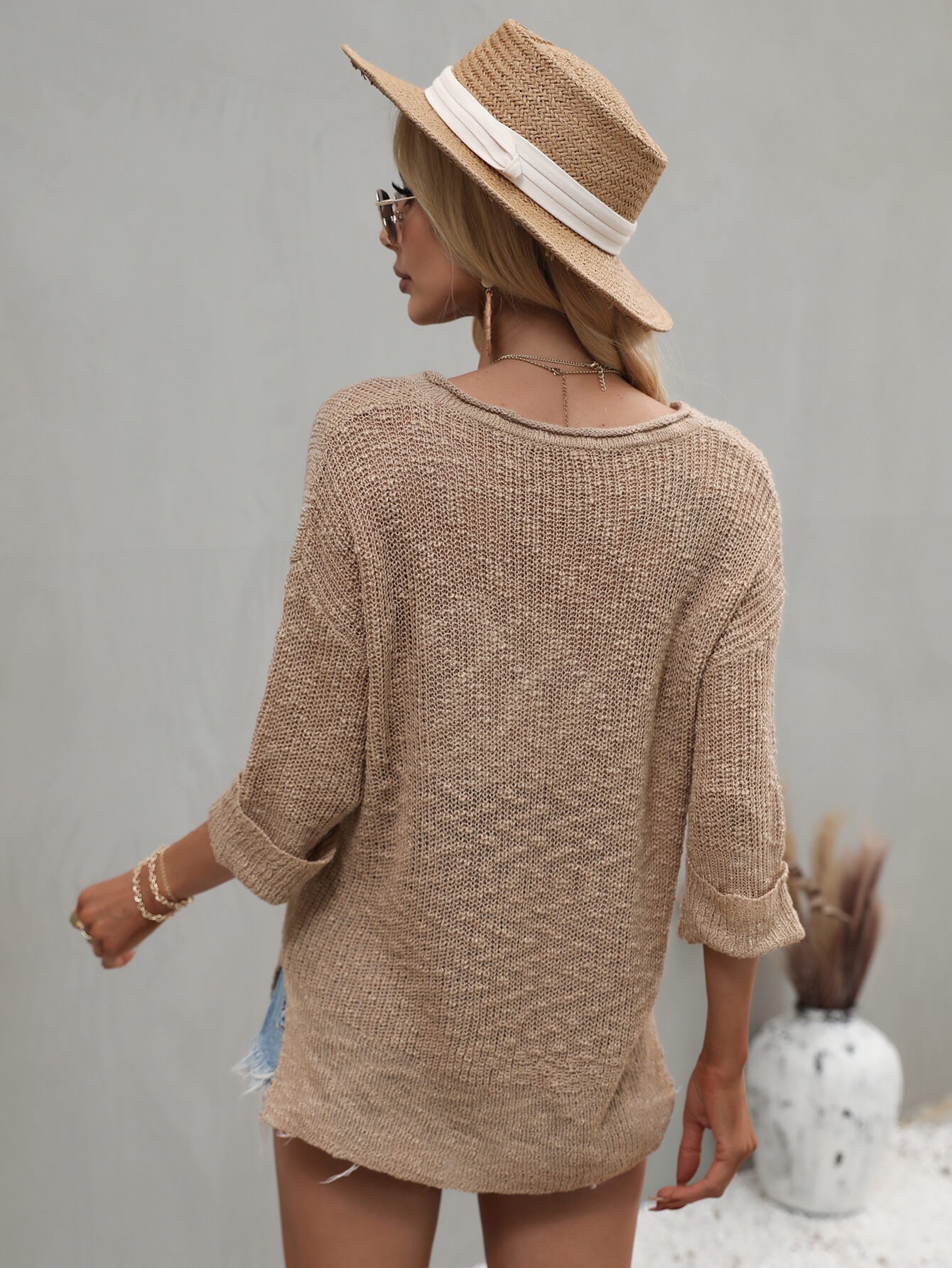 swvws Notched Side Slit Drop Shoulder Sweater