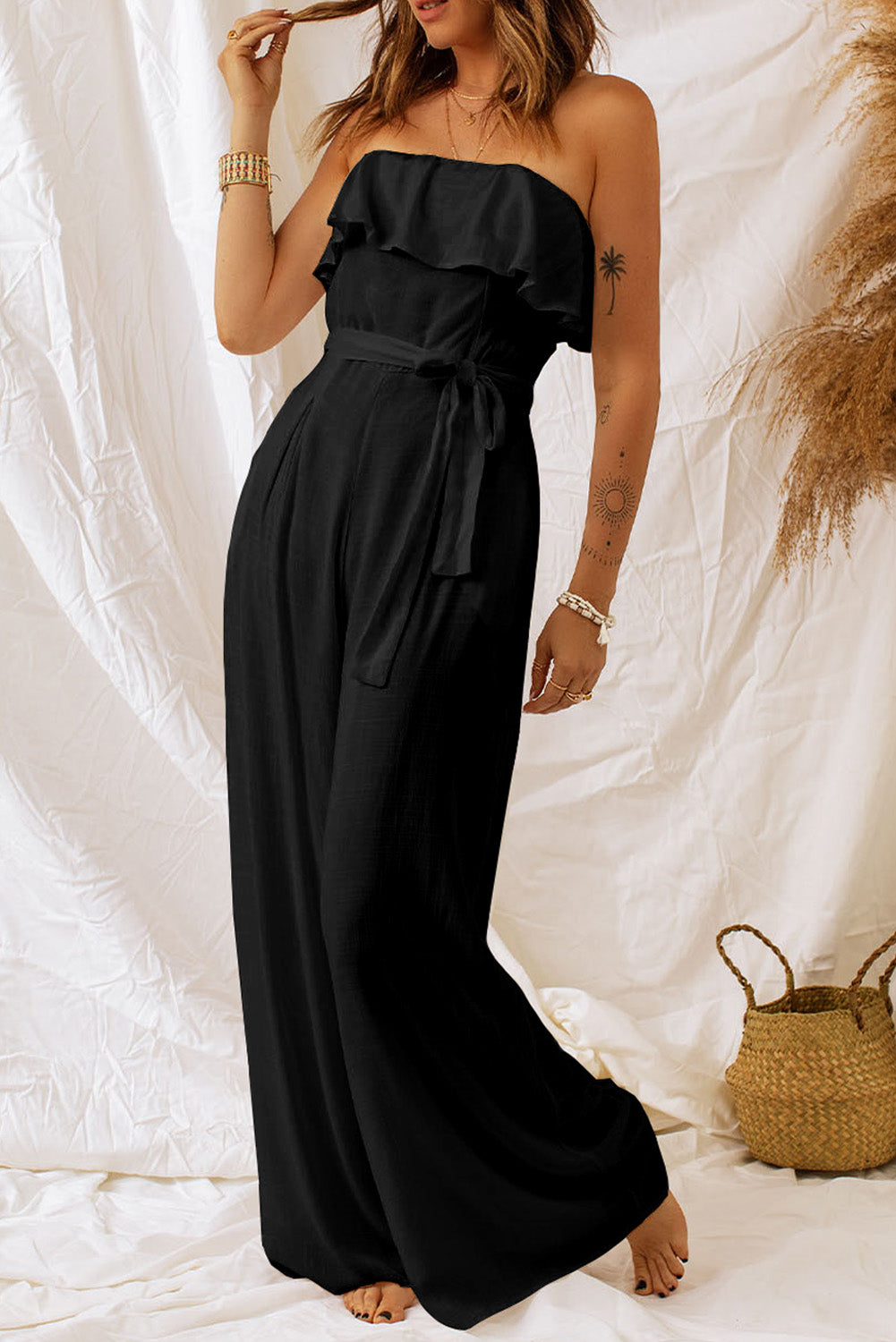 swvws Tie-Waist Ruffled Strapless Wide Leg Jumpsuit