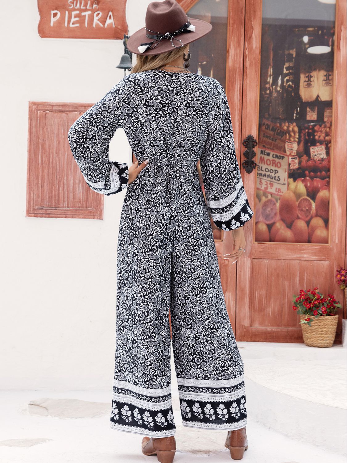 swvws Printed Long Sleeve Wide Leg Jumpsuit