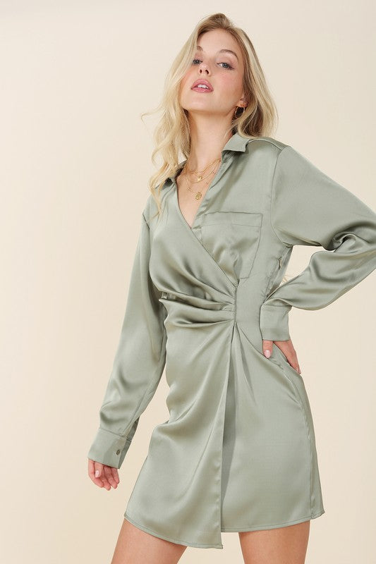 swvws Satin collared wrap mini dress