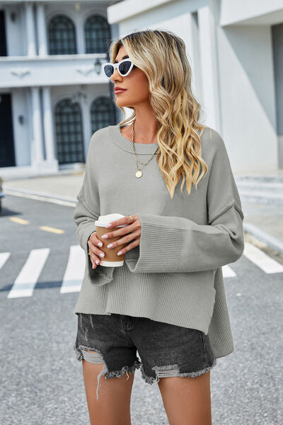 swvws High-Low Slit Round Neck Long Sleeve Sweater