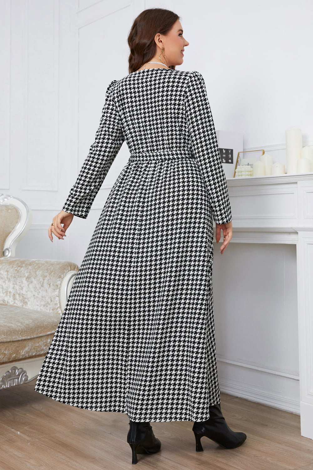 swvws Melo Apparel Plus Size Notched Neck Houndstooth Tie Belt Maxi Dress