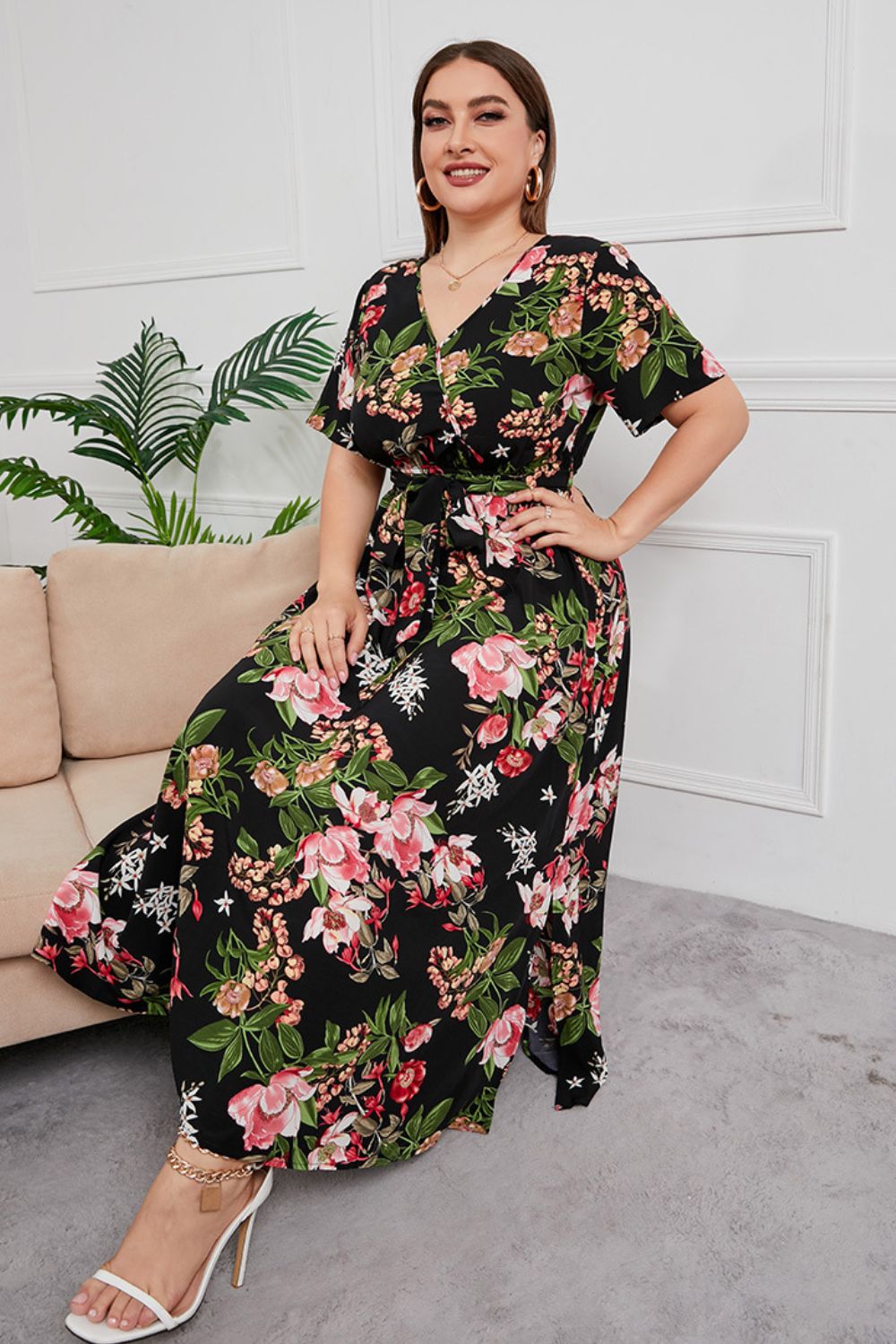 swvws Plus Size Printed Surplice Short Sleeve Maxi Dress