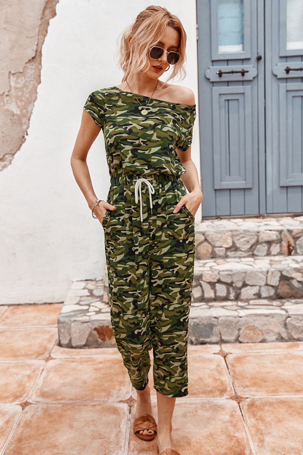 swvws Camouflage Drawstring Crop Leg Jumpsuit