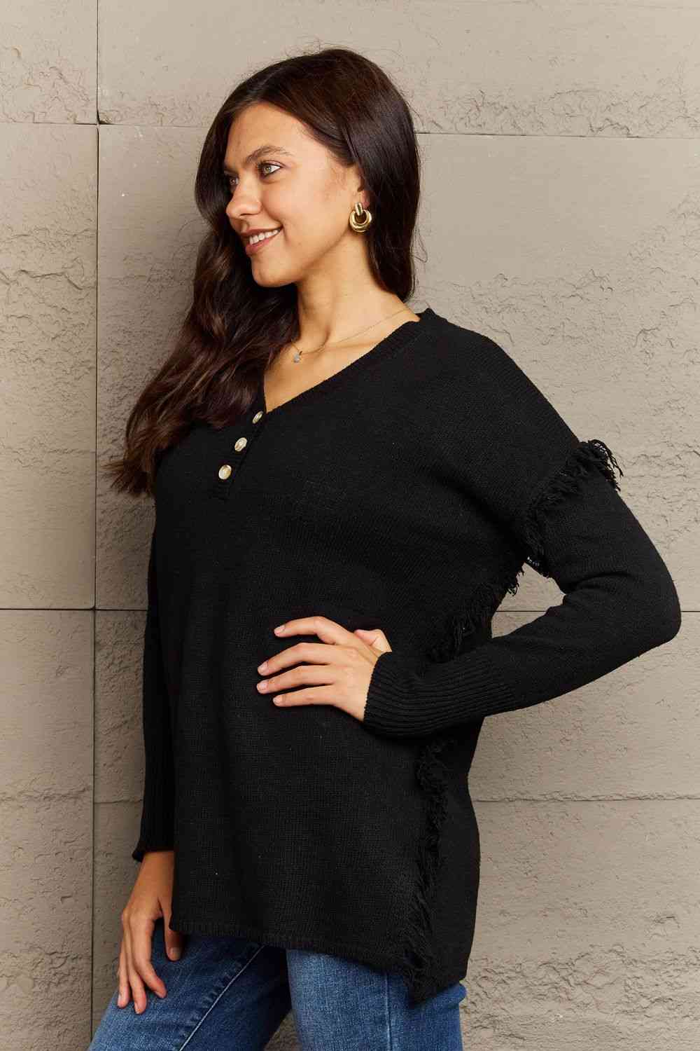 swvws Ninexis Full Size Buttoned Dropped Shoulder Raw Hem Pullover Sweater