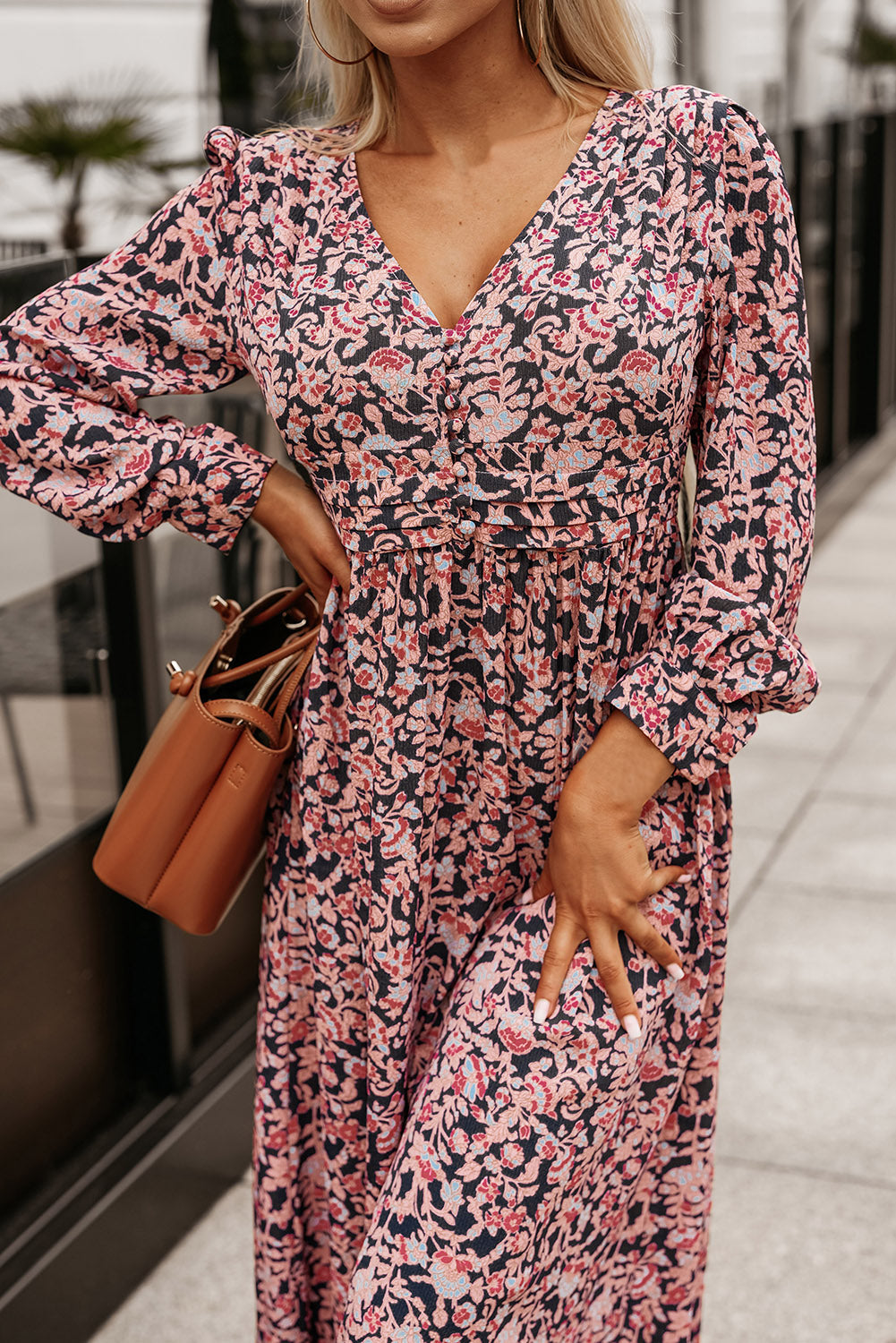 swvws Printed V-Neck Long Sleeve Maxi Dress