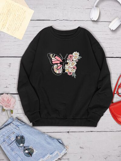 swvws Butterfly Round Neck Dropped Shoulder Sweatshirt