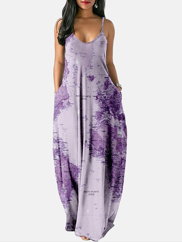 Sixsr Casual Map Print Spaghetti Strap Maxi Dress