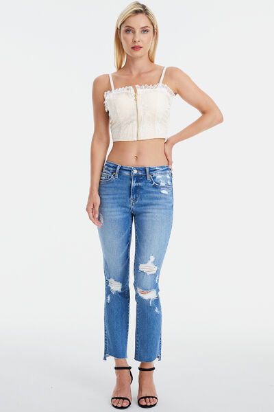 swvws BAYEAS Full Size Mid Waist Distressed Ripped Straight Jeans