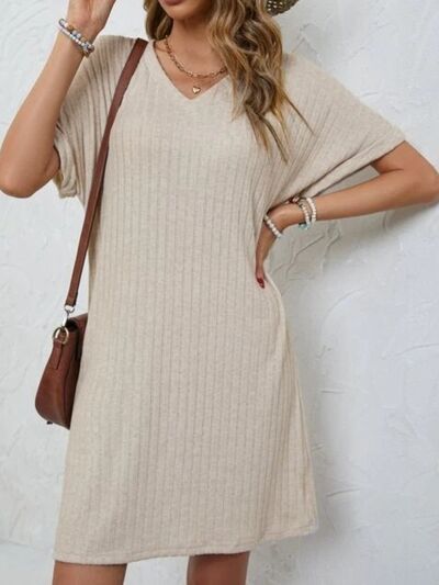 swvws Ribbed V-Neck Short Sleeve Dress