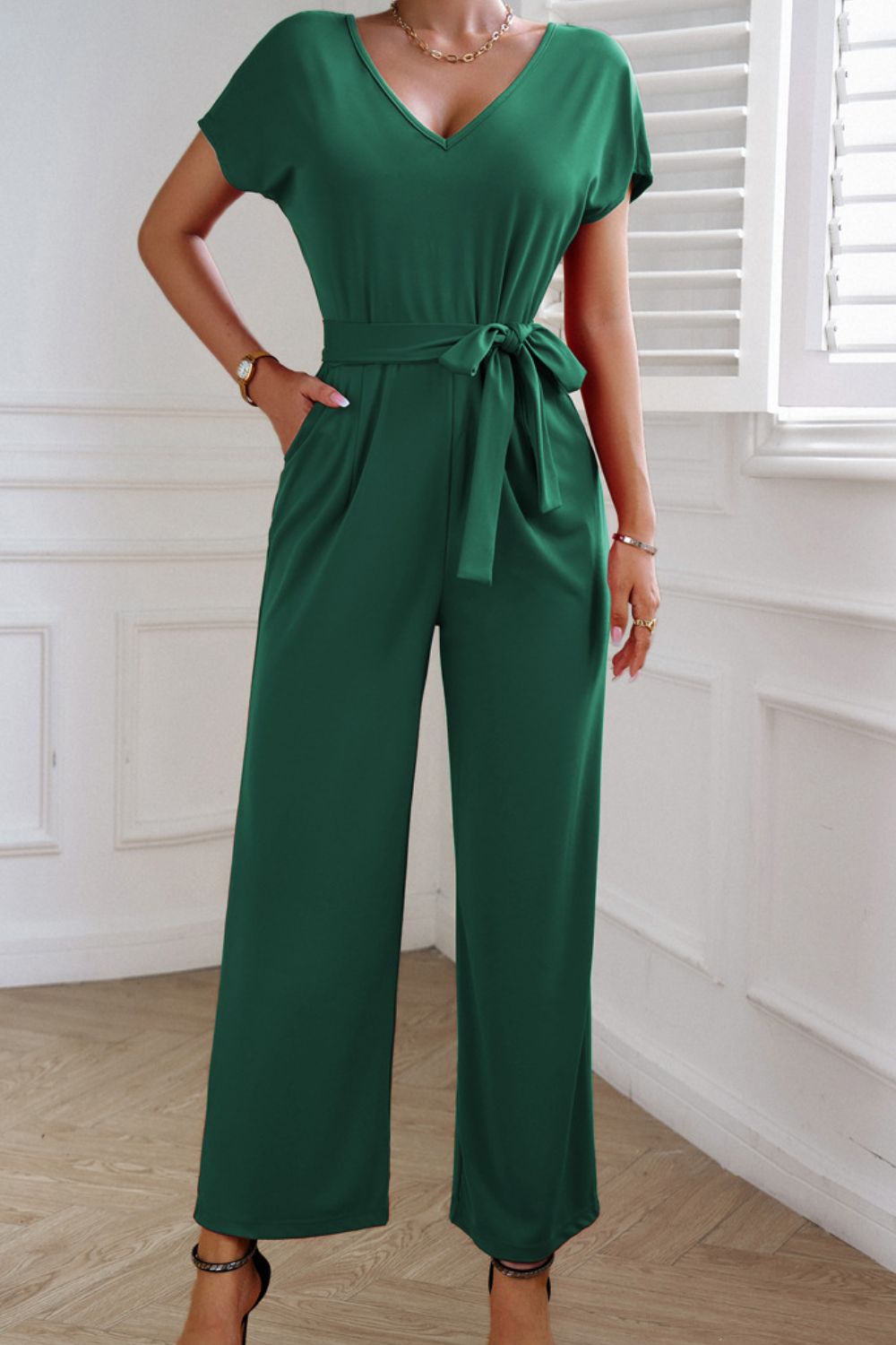 swvws Tie Waist V-Neck Short Sleeve Jumpsuit