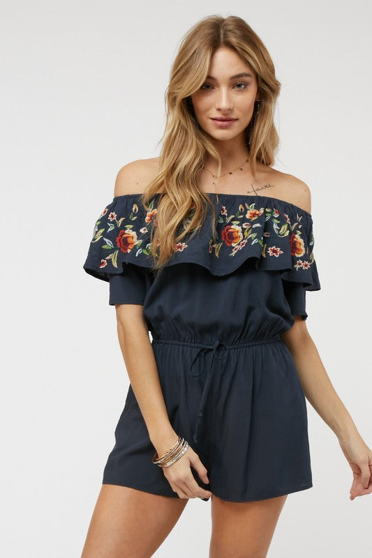 swvws Floral Embroidered Off Shoulder Romper