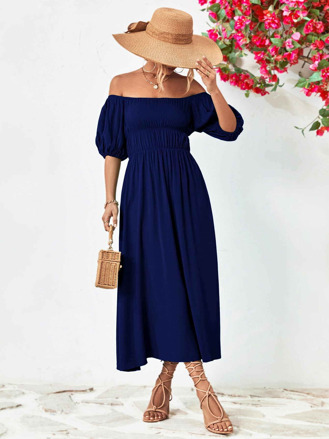 swvws Off-Shoulder Balloon Sleeve Midi Dress