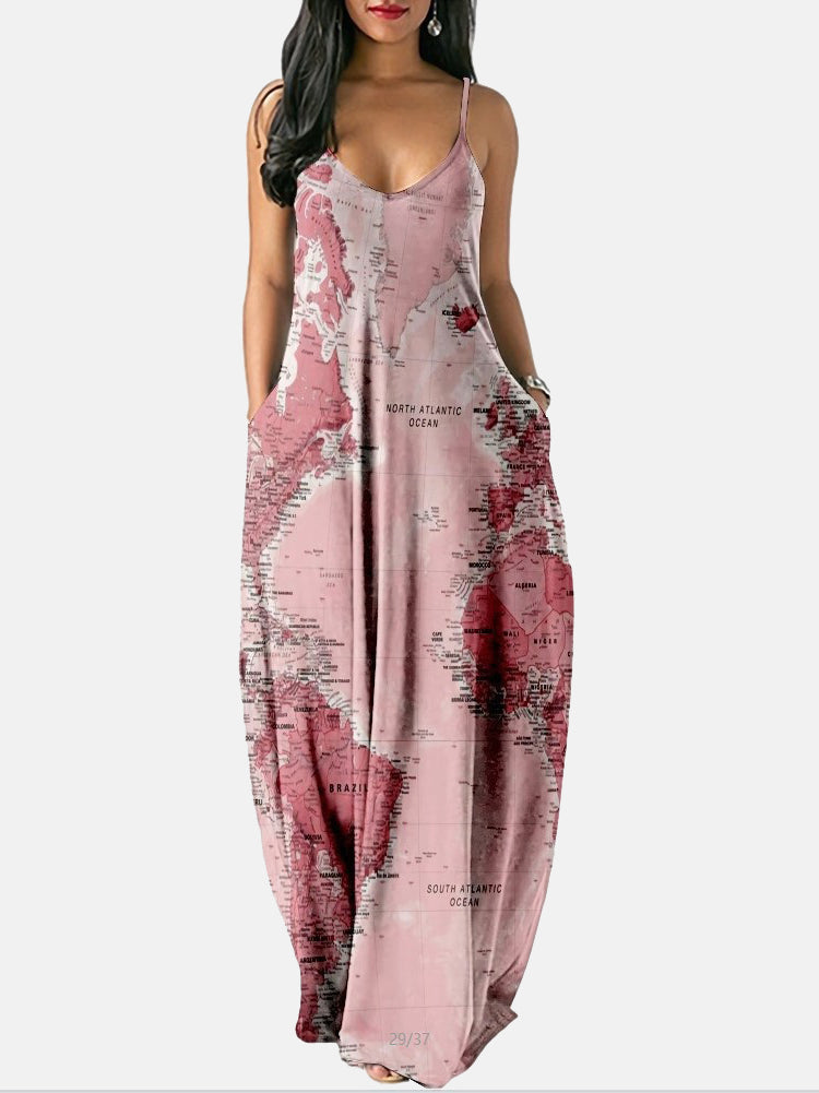 Sixsr Casual Map Print Spaghetti Strap Maxi Dress