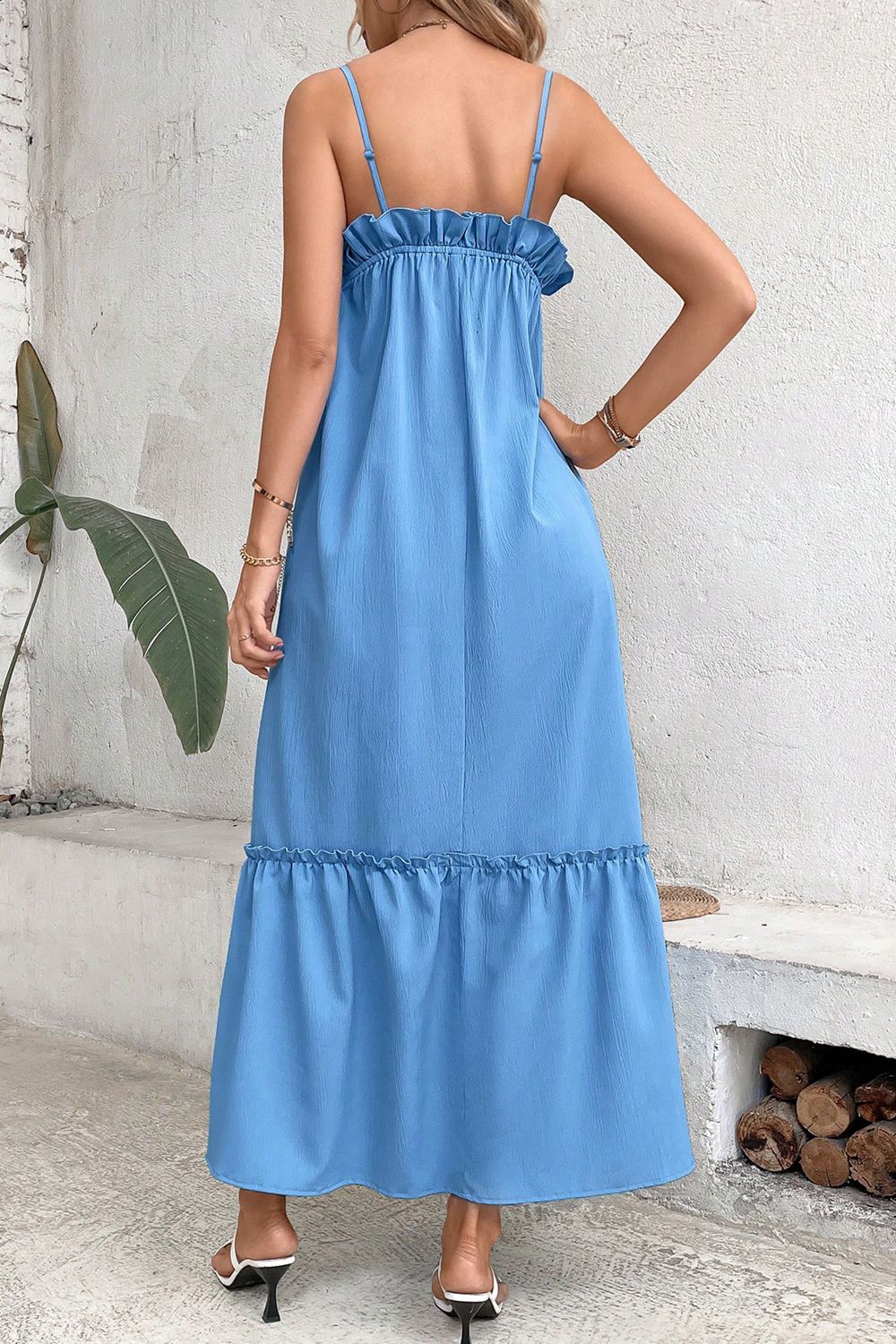 swvws Ruffle Trim Buttoned Sleeveless Maxi Dress