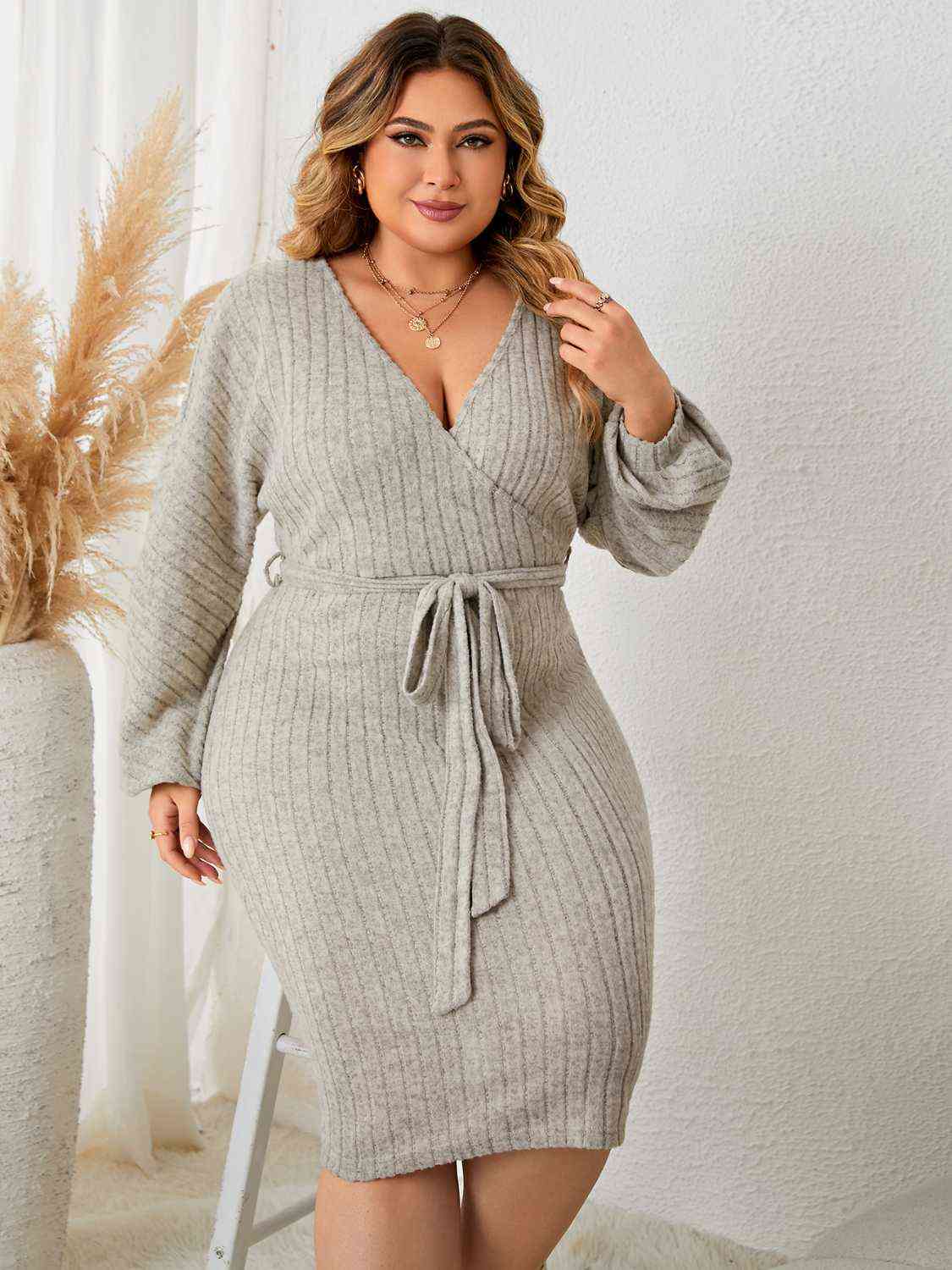 swvws Plus Size Tie Waist Wrap Dress