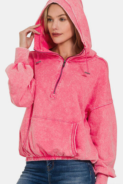 swvws Zenana Drawstring Half Zip Dropped Shoulder Hoodie