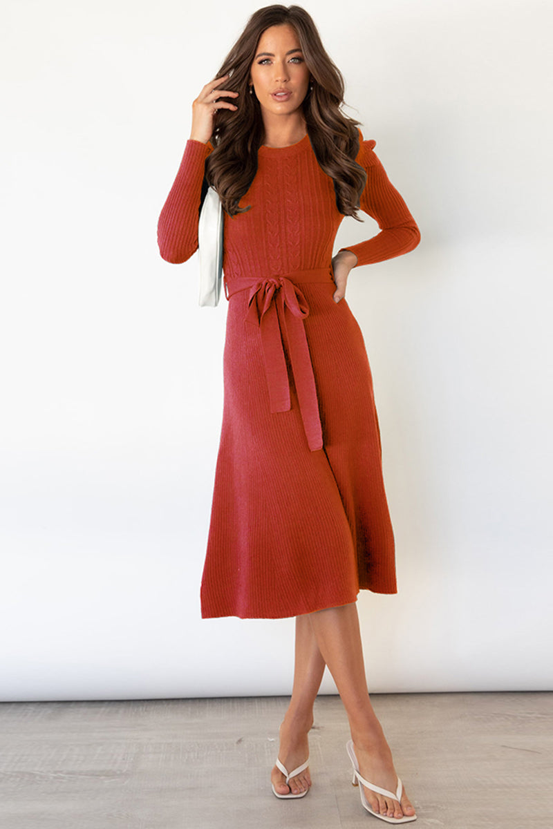 swvws Round Neck Long Sleeve Tie Waist Sweater Dress