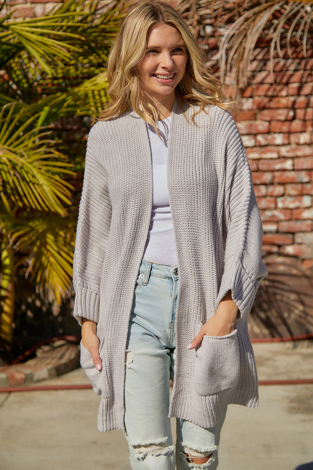 swvws Waffle-Knit Long Sleeve Cardigan with Pocket