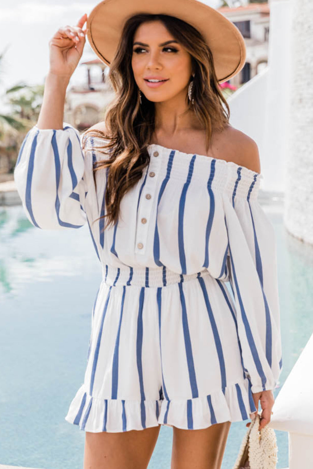 swvws Striped Off Shoulder Smocked Romper