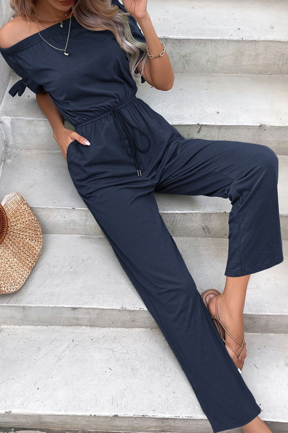 swvws Off-Shoulder Tie Cuff Jumpsuit with Pockets