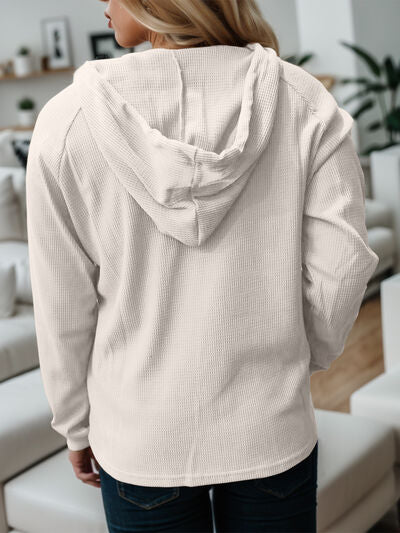 swvws Waffle-Knit Drawstring Quarter Button Hoodie